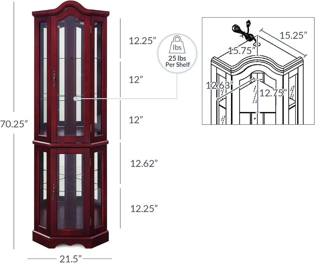 BELLEZE Lighted Corner Display Curved Top Curio Cabinet Wooden Shelving Unit with Tempered Glass Door, Bar and Liquor Storage Area with 5 Shelves - Loraine (Walnut) - Grand Goldman
