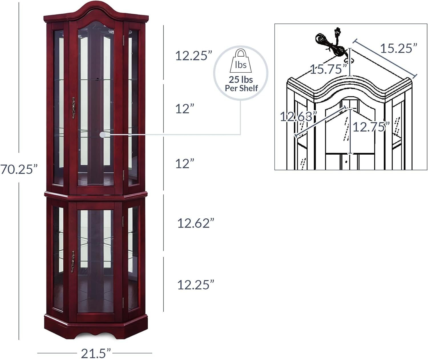 BELLEZE Lighted Corner Display Curved Top Curio Cabinet Wooden Shelving Unit with Tempered Glass Door, Bar and Liquor Storage Area with 5 Shelves - Loraine (Walnut) - Grand Goldman