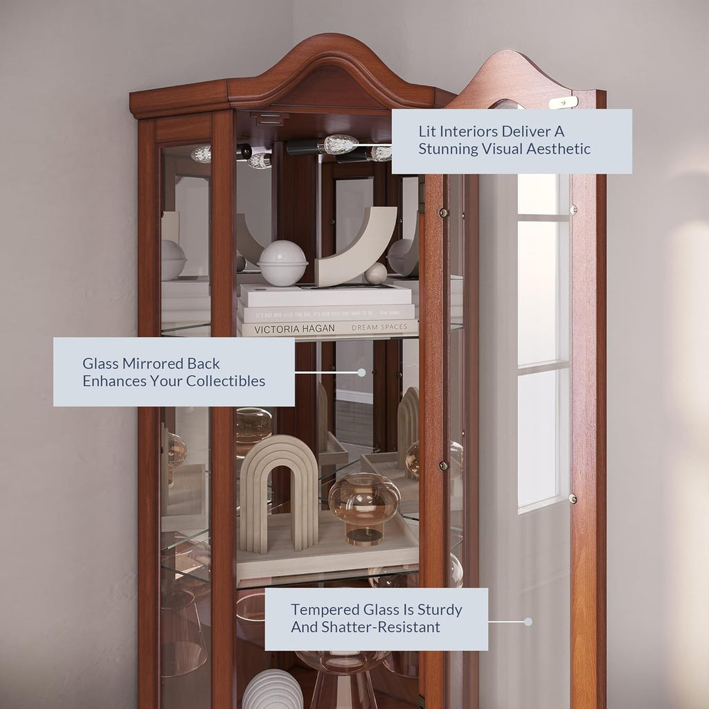 BELLEZE Lighted Corner Display Curved Top Curio Cabinet Wooden Shelving Unit with Tempered Glass Door, Bar and Liquor Storage Area with 5 Shelves - Loraine (Walnut) - Grand Goldman