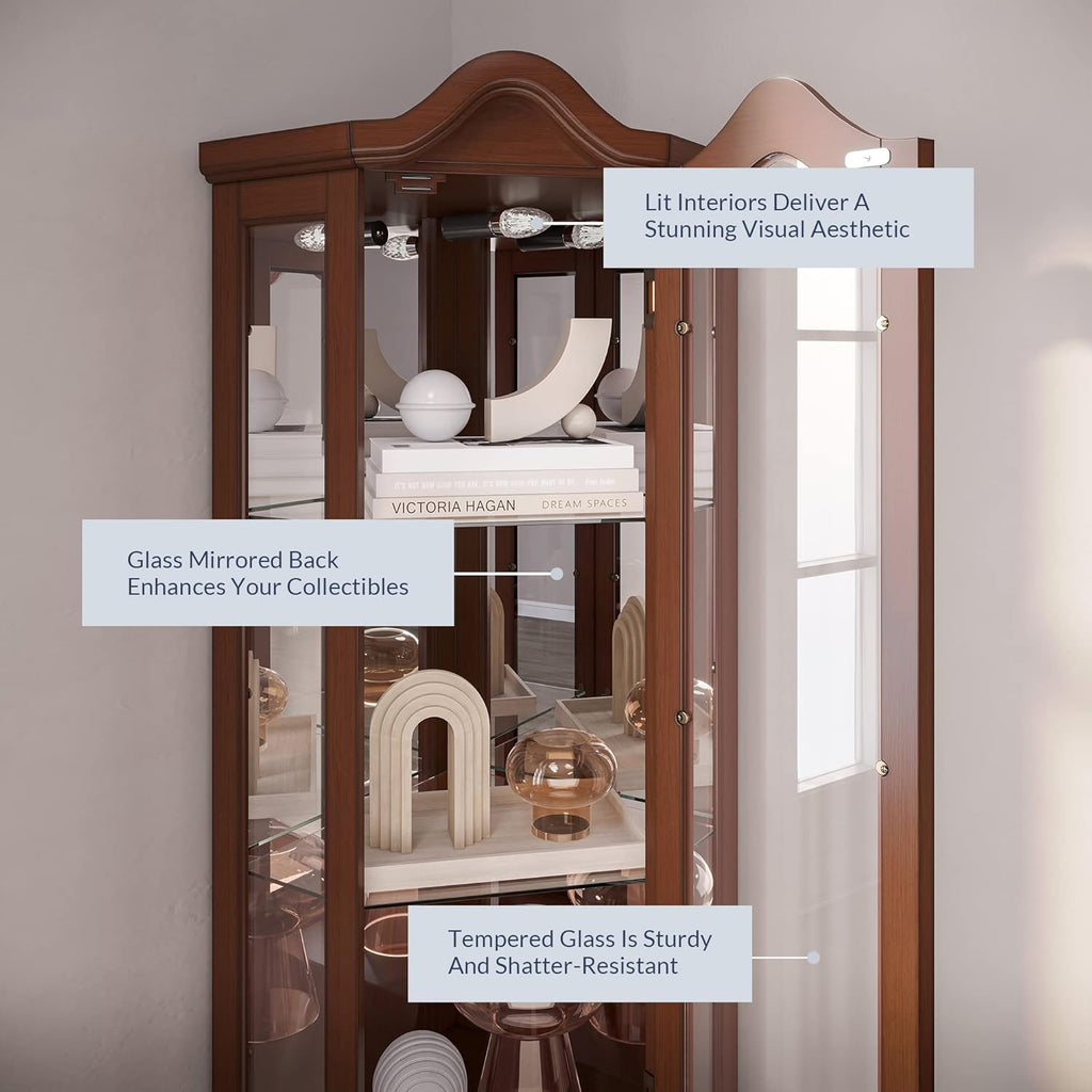 BELLEZE Lighted Corner Display Curved Top Curio Cabinet Wooden Shelving Unit with Tempered Glass Door, Bar and Liquor Storage Area with 5 Shelves - Loraine (Walnut) - Grand Goldman