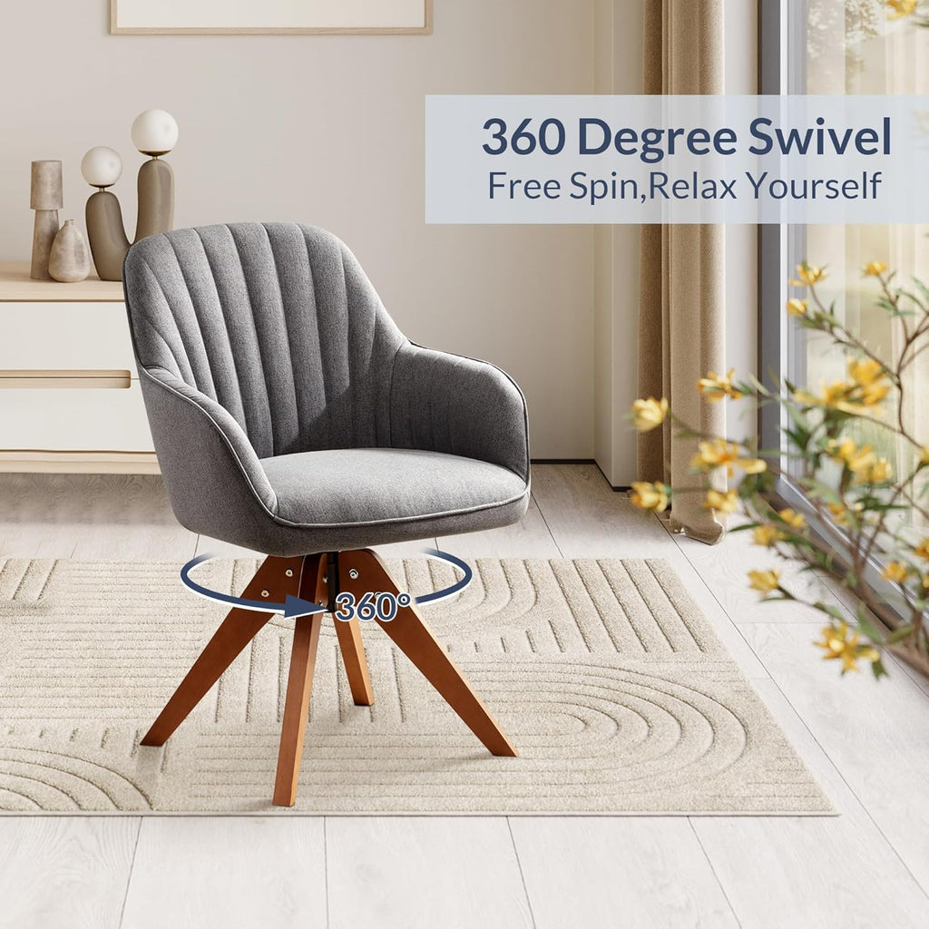 BELLEZE Mid Century Swivel Chair, Modern Makeup Vanity Chair, Upholstered Linen Accent Armchair with Dark Oak Wood Legs for Home Office Study Living Room Bedroom, Gray - Grand Goldman