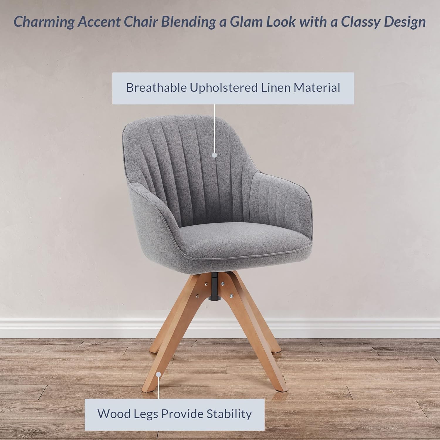 BELLEZE Mid Century Swivel Chair, Modern Makeup Vanity Chair, Upholstered Linen Accent Armchair with Dark Oak Wood Legs for Home Office Study Living Room Bedroom, Gray - Grand Goldman