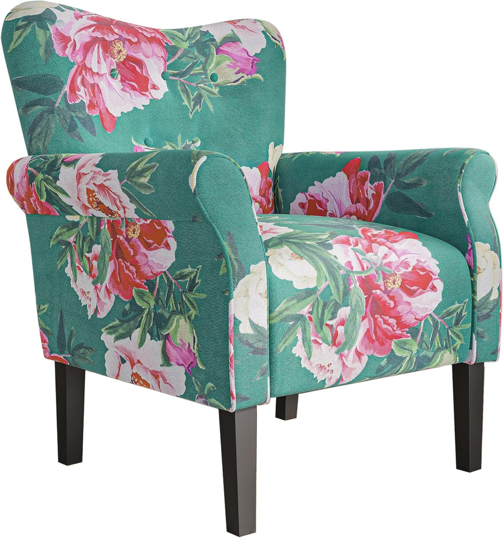 BELLEZE Modern Accent Chair for Living Room, High Back Floral Armchair w/Wooden Legs, Upholstered Wingback Side Chair Padded Armrest Single Sofa for Living Room, Bedroom - Allston (Green Blue Floral) - Grand Goldman
