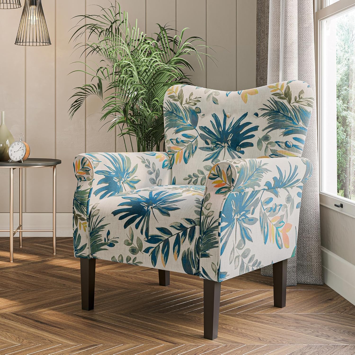 BELLEZE Modern Accent Chair for Living Room, High Back Floral Armchair w/Wooden Legs, Upholstered Wingback Side Chair Padded Armrest Single Sofa for Living Room, Bedroom - Allston (Green Blue Floral) - Grand Goldman