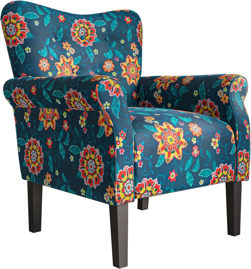 BELLEZE Modern Accent Chair for Living Room, High Back Floral Armchair w/Wooden Legs, Upholstered Wingback Side Chair Padded Armrest Single Sofa for Living Room, Bedroom - Allston (Green Blue Floral) - Grand Goldman