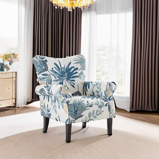 BELLEZE Modern Accent Chair for Living Room, High Back Floral Armchair w/Wooden Legs, Upholstered Wingback Side Chair Padded Armrest Single Sofa for Living Room, Bedroom - Allston (Green Blue Floral) - Grand Goldman