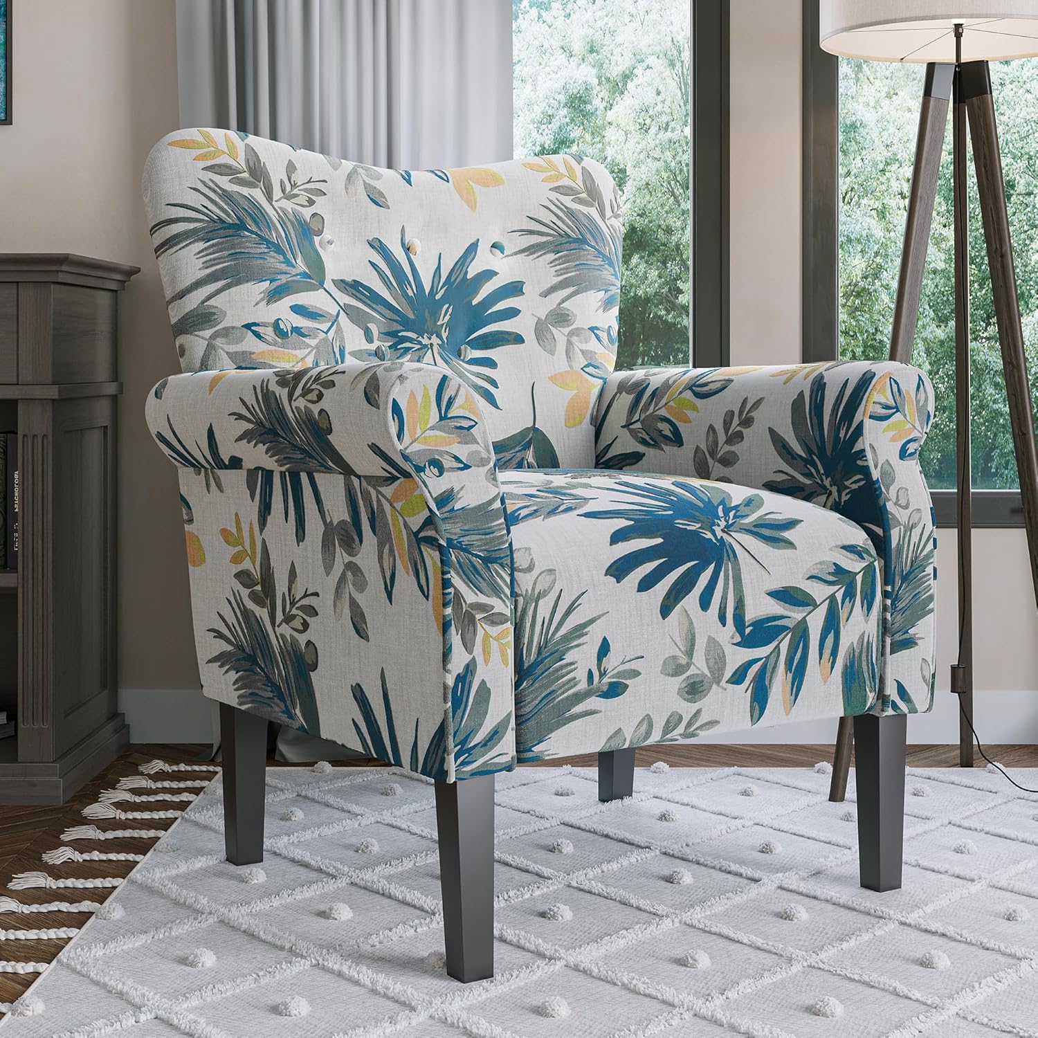 BELLEZE Modern Accent Chair for Living Room, High Back Floral Armchair w/Wooden Legs, Upholstered Wingback Side Chair Padded Armrest Single Sofa for Living Room, Bedroom - Allston (Green Blue Floral) - Grand Goldman