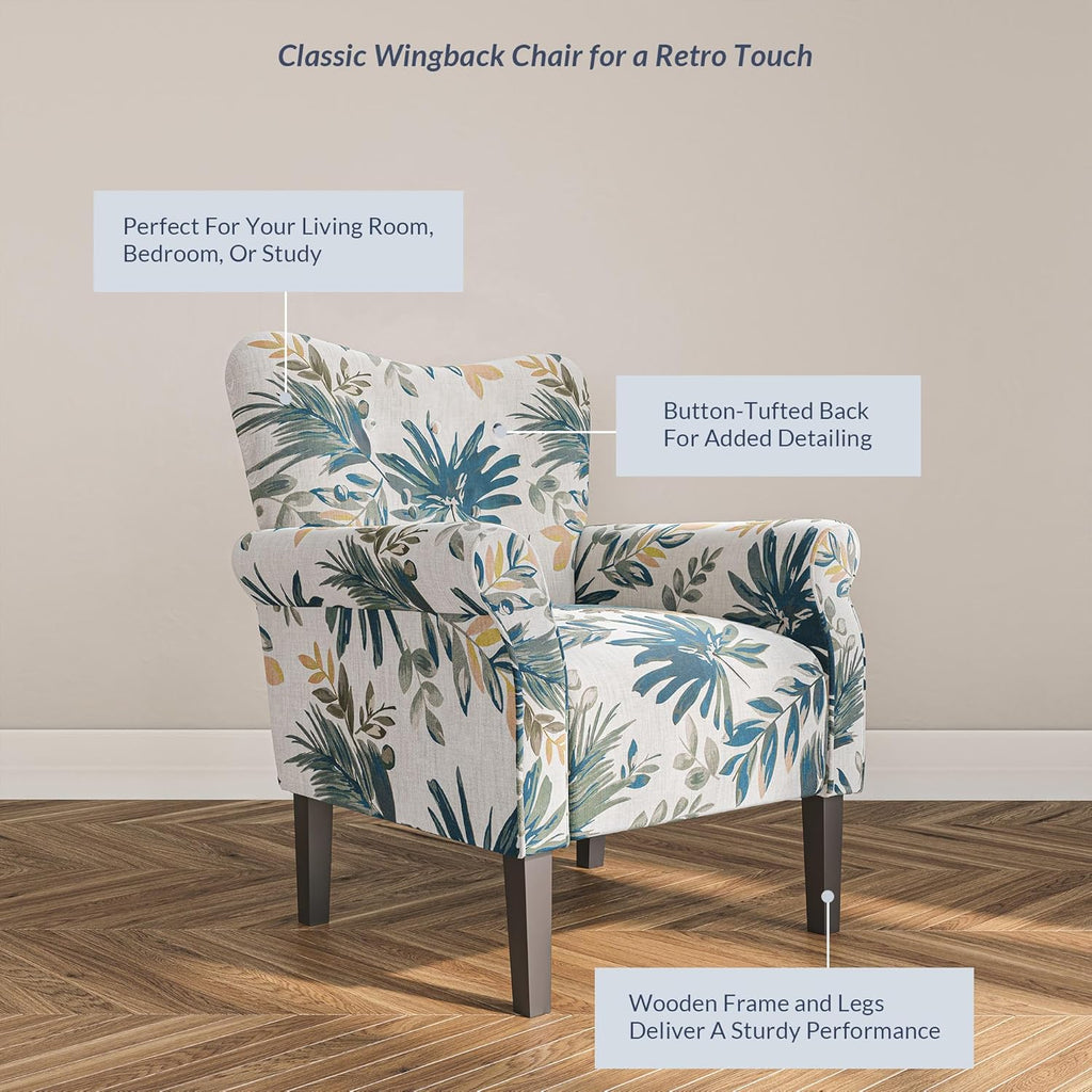 BELLEZE Modern Accent Chair for Living Room, High Back Floral Armchair w/Wooden Legs, Upholstered Wingback Side Chair Padded Armrest Single Sofa for Living Room, Bedroom - Allston (Green Blue Floral) - Grand Goldman