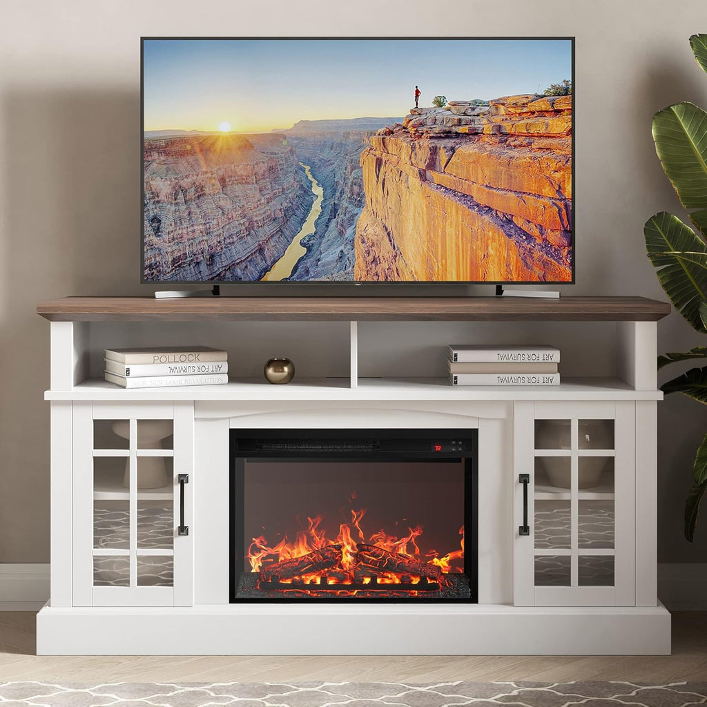 BELLEZE Traditional 58" Rustic TV Stand with 23" Electric Fireplace Heater with Sound, Media Entertainment Center Console Table for TV up to 65" with Open Storage Shelves and Cabinets - White - Grand Goldman