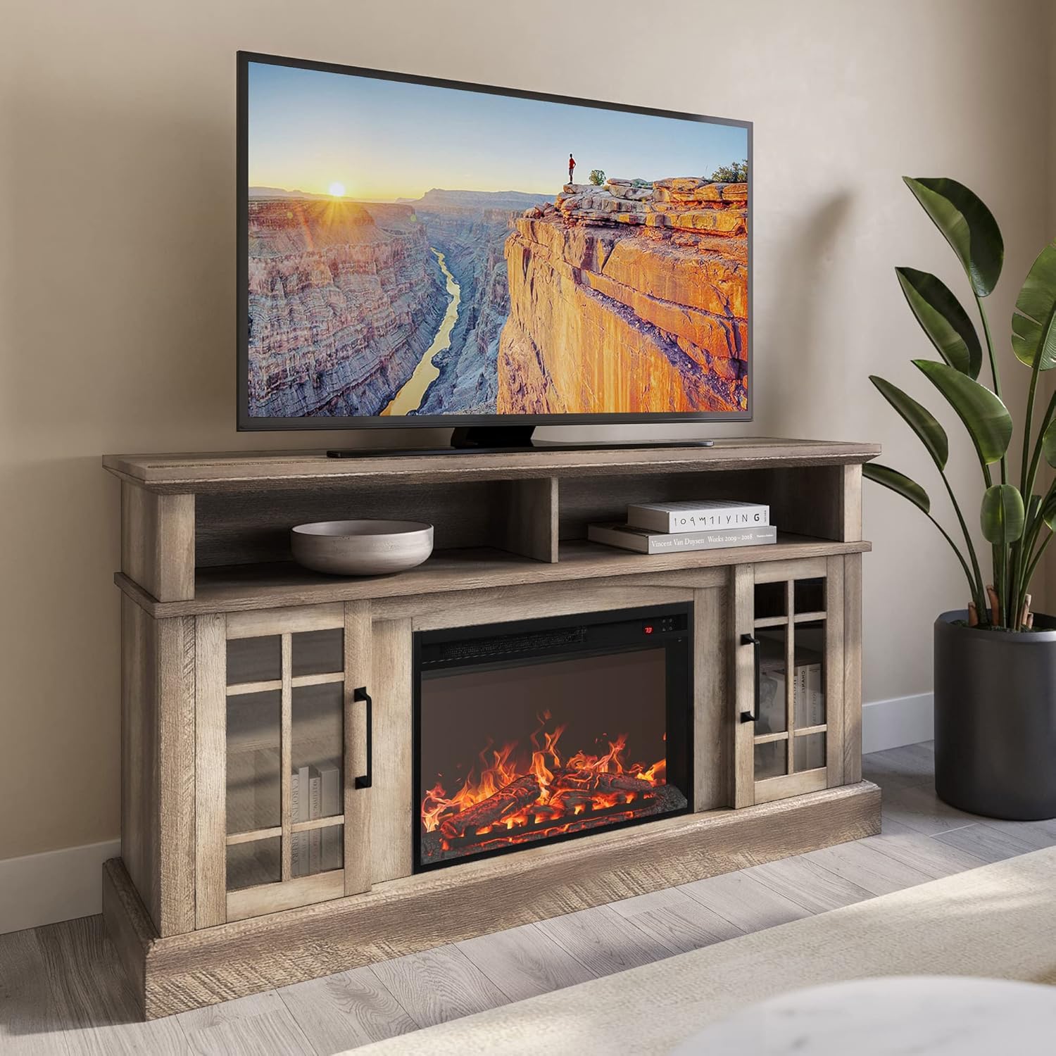 BELLEZE Traditional 58" Rustic TV Stand with 23" Electric Fireplace Heater with Sound, Media Entertainment Center Console Table for TV up to 65" with Open Storage Shelves and Cabinets - White - Grand Goldman