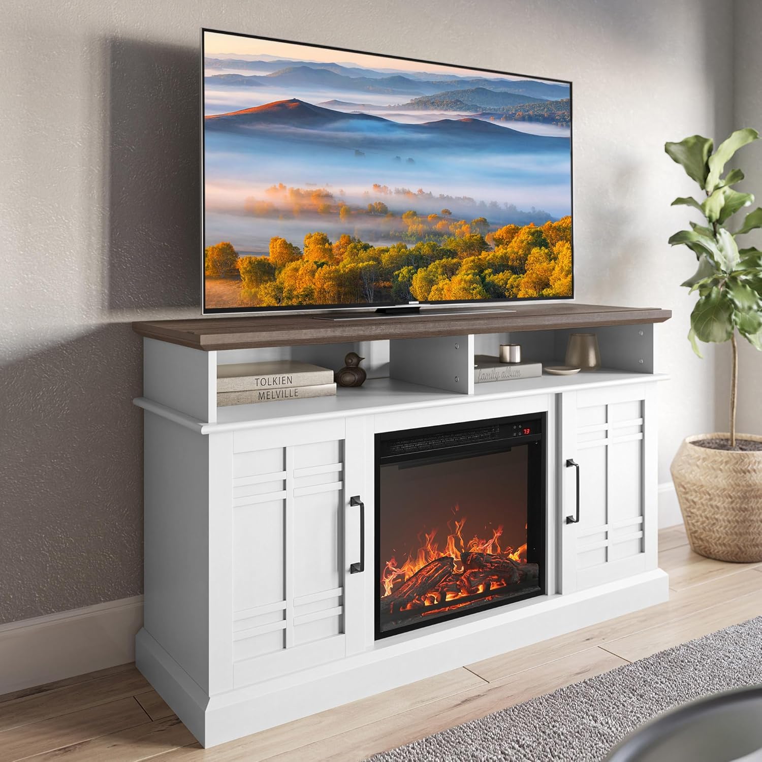 BELLEZE Traditional 58" Rustic TV Stand with 23" Electric Fireplace Heater with Sound, Media Entertainment Center Console Table for TV up to 65" with Open Storage Shelves and Cabinets - White - Grand Goldman