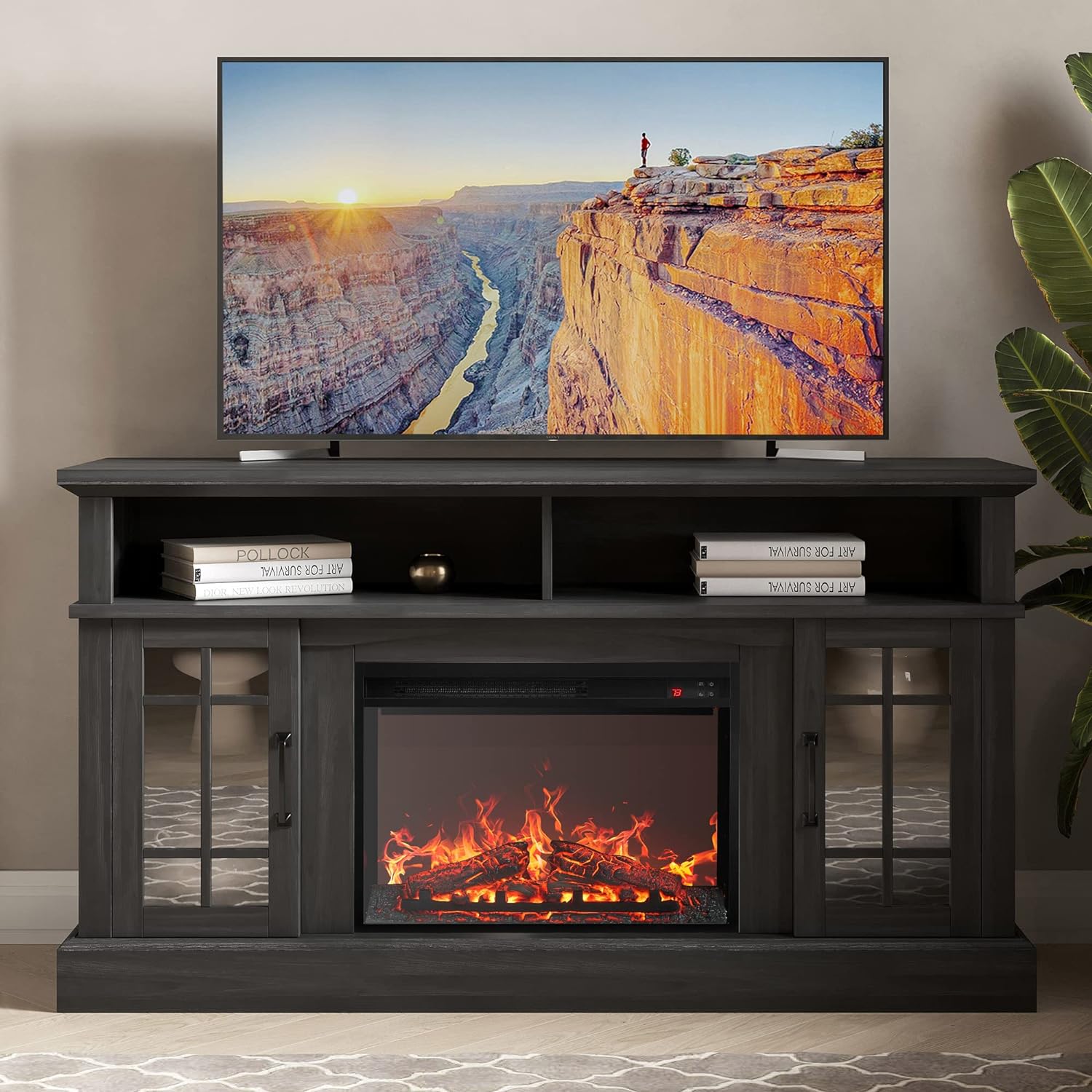 BELLEZE Traditional 58" Rustic TV Stand with 23" Electric Fireplace Heater with Sound, Media Entertainment Center Console Table for TV up to 65" with Open Storage Shelves and Cabinets - White - Grand Goldman