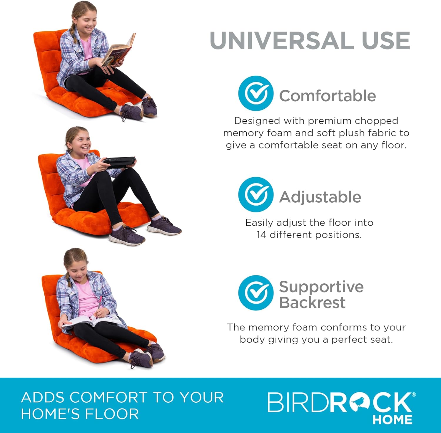 BIRDROCK HOME Adjustable Memory Foam Floor Chair - Ideal for Gaming, Reading, Meditation - Comfortable and Versatile - Suitable for Kids and Teenagers - Comfy Foldable Floor Seat - Blue - Grand Goldman