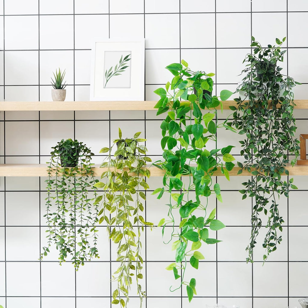 BLEUM CADE Fake Hanging Plants, 2pcs Artificial Hanging Plant, Faux Pothos Vines Hanging Plant Greenery for Wall Home Living Room Indoor Outdoor Decor (No Baskets) - Grand Goldman