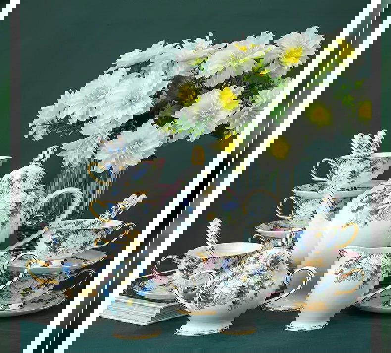 BLUE SPRING Elegant European Scented Tea Cup Set Bone China Vintage European Victorian Royal Style Hand Painted Blue Floral Afternoon Tea Coffee Cups and Saucers for Home Office Cafe Tea House 201-300ml - Grand Goldman