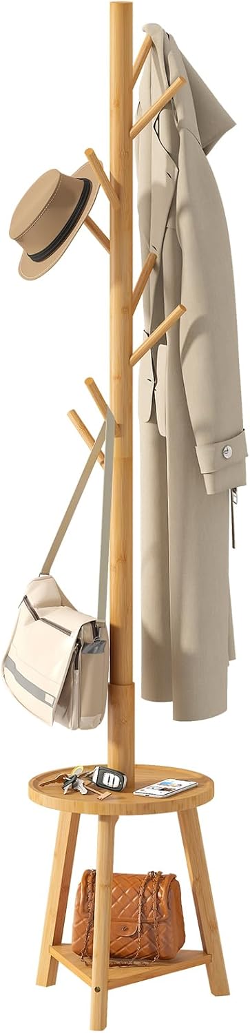 BMOSU Coat Rack freestanding Stand with 2 Shelves Bamboo Wooden Coat Tree Easy Assembly 8 Hooks Standing Jackets Hanger Hallway Office Floor Coat Stand Brown - Grand Goldman