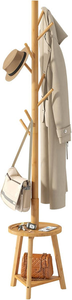 BMOSU Coat Rack freestanding Stand with 2 Shelves Bamboo Wooden Coat Tree Easy Assembly 8 Hooks Standing Jackets Hanger Hallway Office Floor Coat Stand Brown - Grand Goldman
