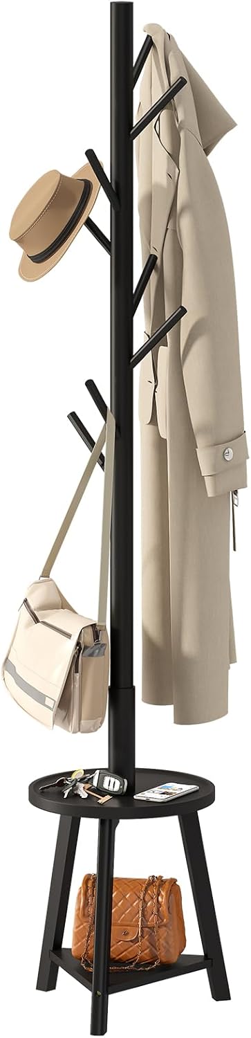 BMOSU Coat Rack freestanding Stand with 2 Shelves Bamboo Wooden Coat Tree Easy Assembly 8 Hooks Standing Jackets Hanger Hallway Office Floor Coat Stand Brown - Grand Goldman