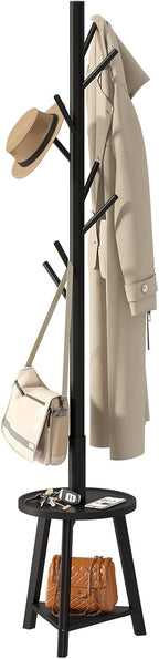 BMOSU Coat Rack freestanding Stand with 2 Shelves Bamboo Wooden Coat Tree Easy Assembly 8 Hooks Standing Jackets Hanger Hallway Office Floor Coat Stand Brown - Grand Goldman