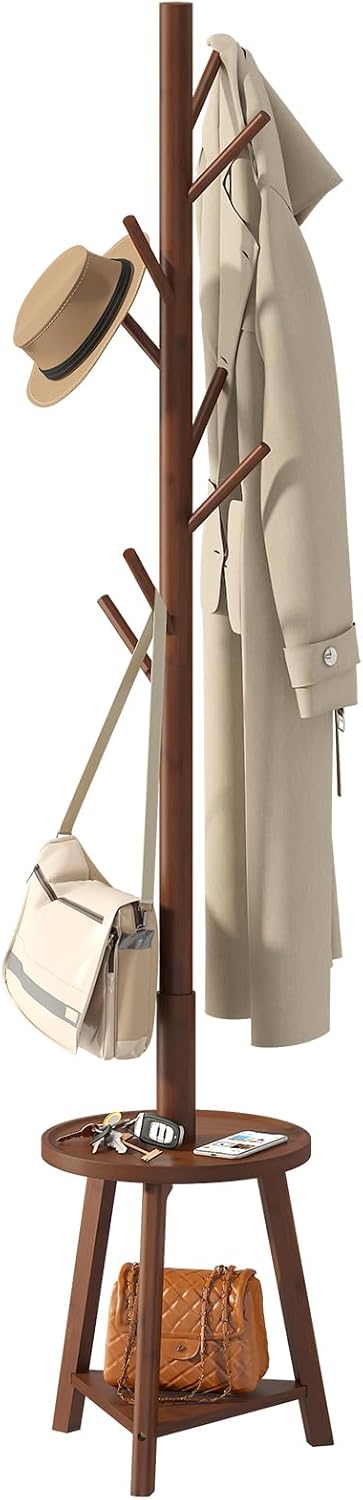 BMOSU Coat Rack freestanding Stand with 2 Shelves Bamboo Wooden Coat Tree Easy Assembly 8 Hooks Standing Jackets Hanger Hallway Office Floor Coat Stand Brown - Grand Goldman
