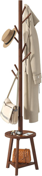 BMOSU Coat Rack freestanding Stand with 2 Shelves Bamboo Wooden Coat Tree Easy Assembly 8 Hooks Standing Jackets Hanger Hallway Office Floor Coat Stand Brown - Grand Goldman