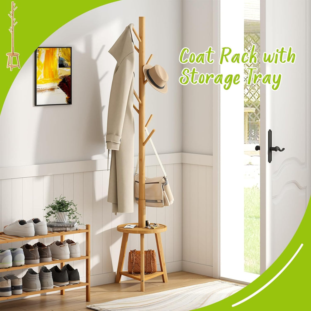 BMOSU Coat Rack freestanding Stand with 2 Shelves Bamboo Wooden Coat Tree Easy Assembly 8 Hooks Standing Jackets Hanger Hallway Office Floor Coat Stand Brown - Grand Goldman