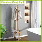 BMOSU Coat Rack freestanding Stand with 2 Shelves Bamboo Wooden Coat Tree Easy Assembly 8 Hooks Standing Jackets Hanger Hallway Office Floor Coat Stand Brown - Grand Goldman