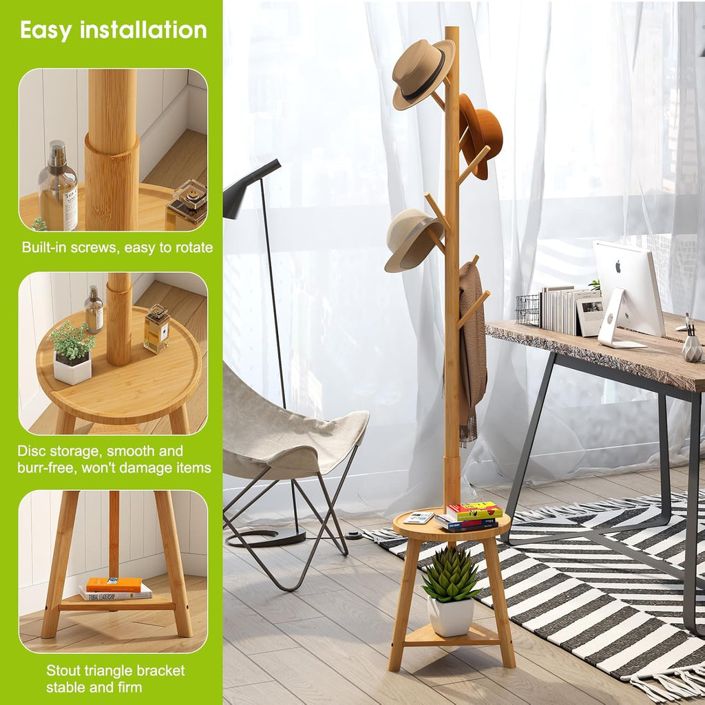 BMOSU Coat Rack freestanding Stand with 2 Shelves Bamboo Wooden Coat Tree Easy Assembly 8 Hooks Standing Jackets Hanger Hallway Office Floor Coat Stand Brown - Grand Goldman
