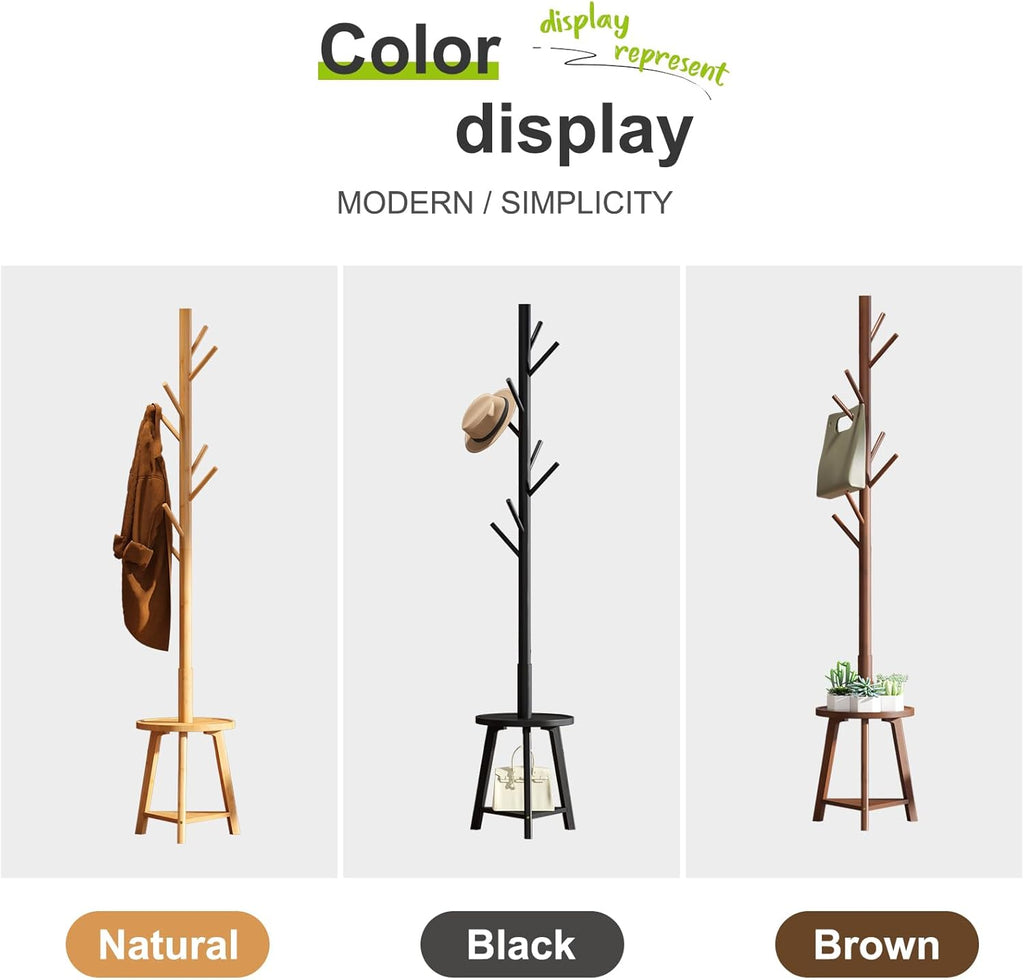 BMOSU Coat Rack freestanding Stand with 2 Shelves Bamboo Wooden Coat Tree Easy Assembly 8 Hooks Standing Jackets Hanger Hallway Office Floor Coat Stand Brown - Grand Goldman