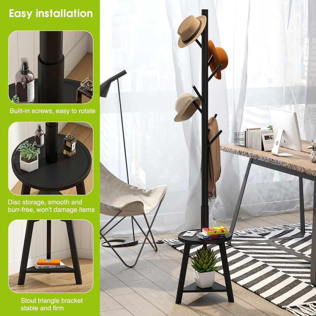 BMOSU Coat Rack freestanding Stand with 2 Shelves Bamboo Wooden Coat Tree Easy Assembly 8 Hooks Standing Jackets Hanger Hallway Office Floor Coat Stand Brown - Grand Goldman