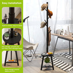 BMOSU Coat Rack freestanding Stand with 2 Shelves Bamboo Wooden Coat Tree Easy Assembly 8 Hooks Standing Jackets Hanger Hallway Office Floor Coat Stand Brown - Grand Goldman