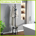 BMOSU Coat Rack freestanding Stand with 2 Shelves Bamboo Wooden Coat Tree Easy Assembly 8 Hooks Standing Jackets Hanger Hallway Office Floor Coat Stand Brown - Grand Goldman