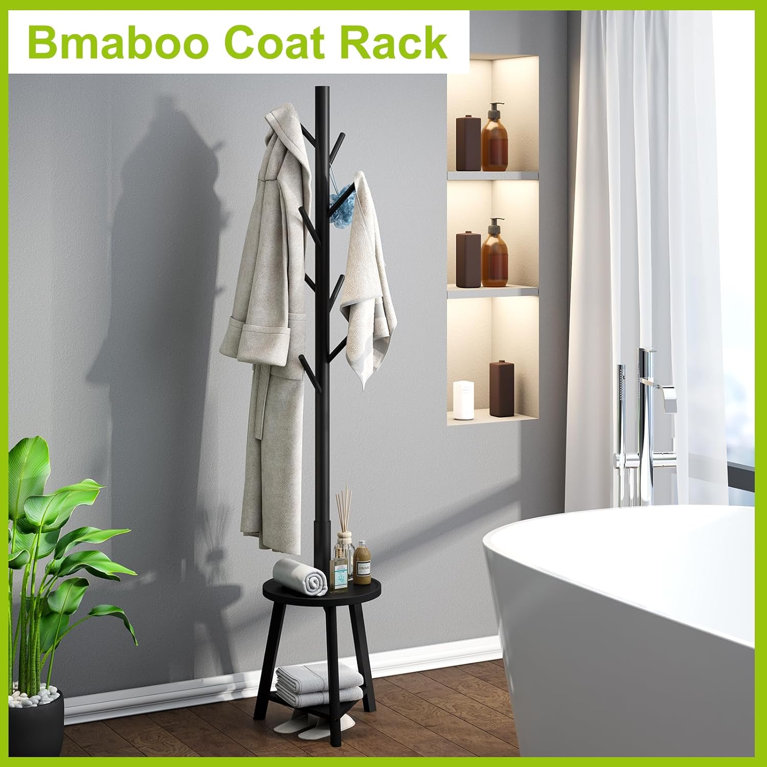 BMOSU Coat Rack freestanding Stand with 2 Shelves Bamboo Wooden Coat Tree Easy Assembly 8 Hooks Standing Jackets Hanger Hallway Office Floor Coat Stand Brown - Grand Goldman