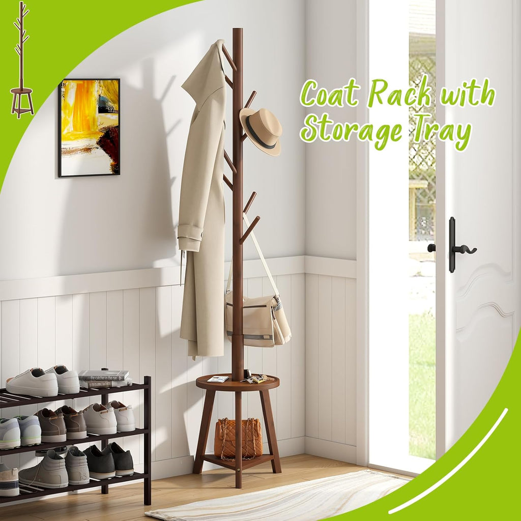 BMOSU Coat Rack freestanding Stand with 2 Shelves Bamboo Wooden Coat Tree Easy Assembly 8 Hooks Standing Jackets Hanger Hallway Office Floor Coat Stand Brown - Grand Goldman