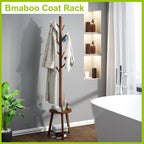 BMOSU Coat Rack freestanding Stand with 2 Shelves Bamboo Wooden Coat Tree Easy Assembly 8 Hooks Standing Jackets Hanger Hallway Office Floor Coat Stand Brown - Grand Goldman