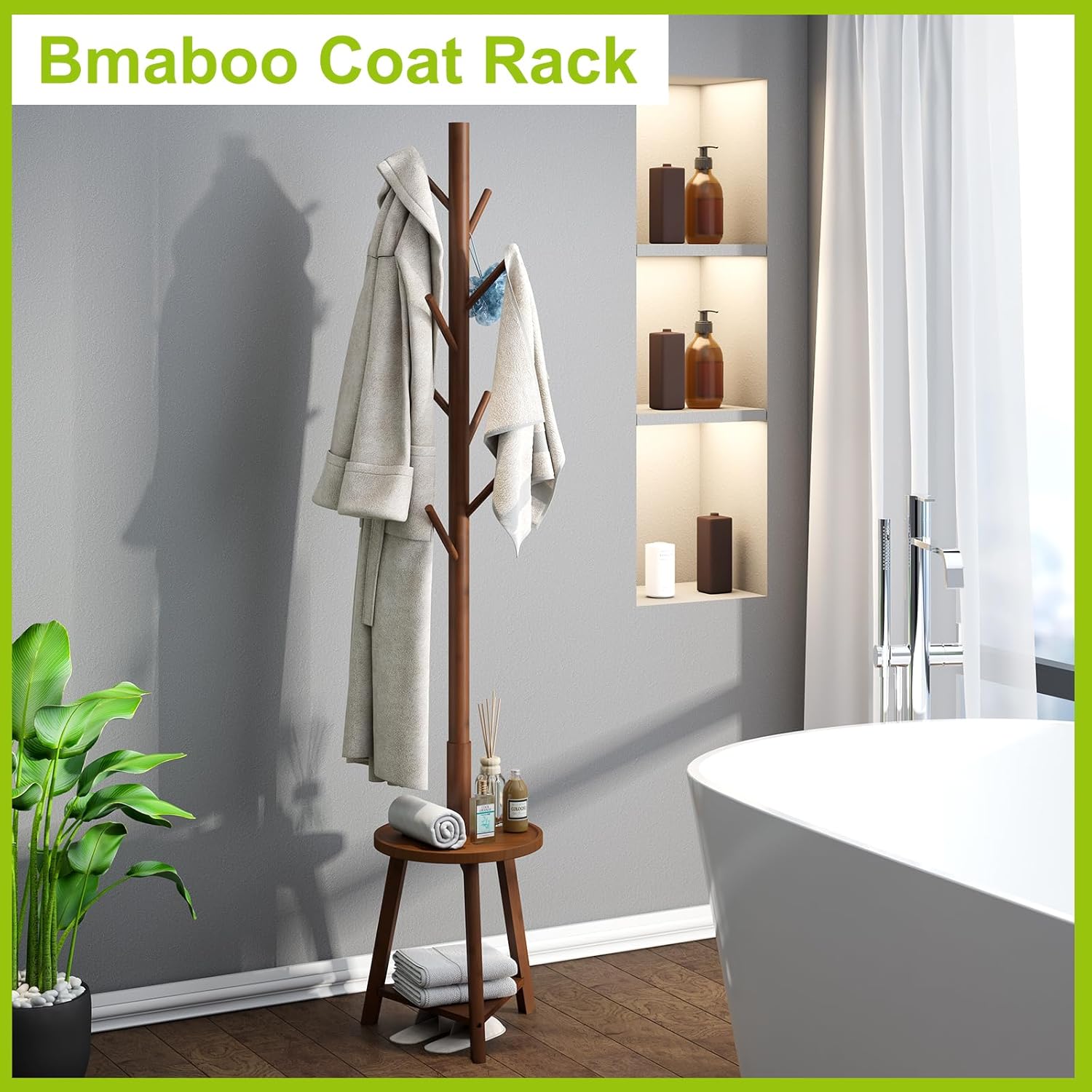 BMOSU Coat Rack freestanding Stand with 2 Shelves Bamboo Wooden Coat Tree Easy Assembly 8 Hooks Standing Jackets Hanger Hallway Office Floor Coat Stand Brown - Grand Goldman