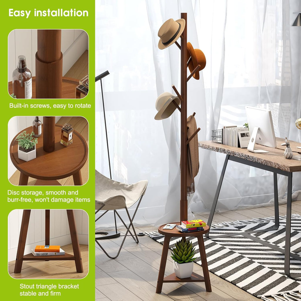 BMOSU Coat Rack freestanding Stand with 2 Shelves Bamboo Wooden Coat Tree Easy Assembly 8 Hooks Standing Jackets Hanger Hallway Office Floor Coat Stand Brown - Grand Goldman