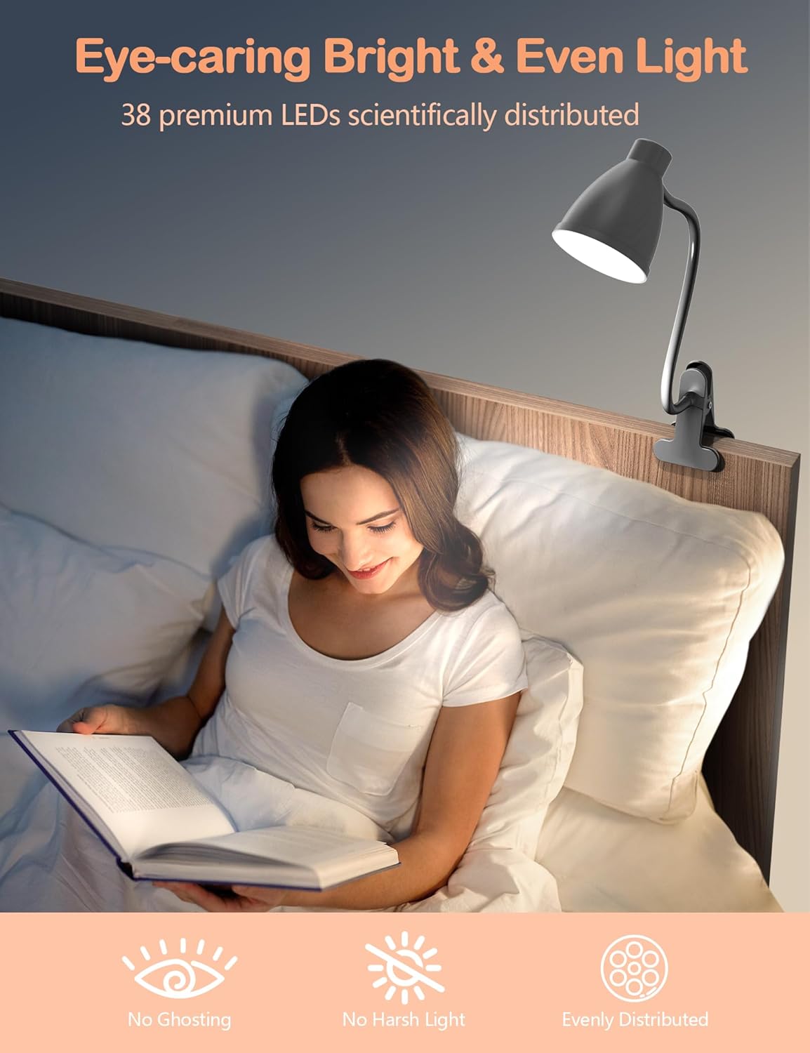 BOHON Desk Lamp 3 Color Modes 10 Brightness Dimmer Reading Light 10W 38 LED Clamp Lamp with Auto Off Timer 360° Flexible Gooseneck Clip on Light for Bed Bedside, AC Adapter Include - Grand Goldman
