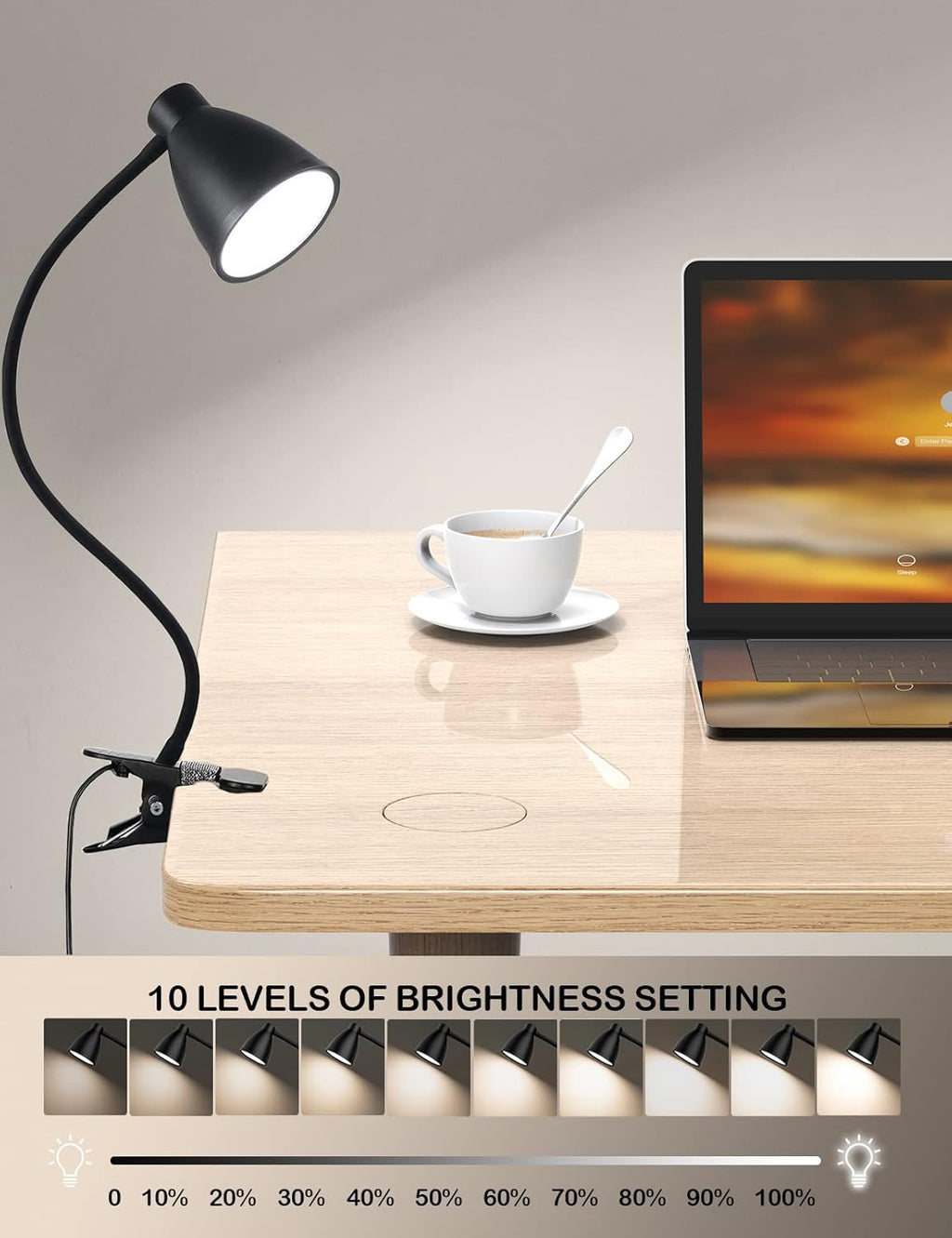 BOHON Desk Lamp 3 Color Modes 10 Brightness Dimmer Reading Light 10W 38 LED Clamp Lamp with Auto Off Timer 360° Flexible Gooseneck Clip on Light for Bed Bedside, AC Adapter Include - Grand Goldman