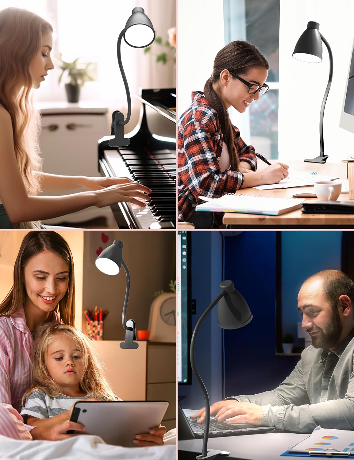 BOHON Desk Lamp 3 Color Modes 10 Brightness Dimmer Reading Light 10W 38 LED Clamp Lamp with Auto Off Timer 360° Flexible Gooseneck Clip on Light for Bed Bedside, AC Adapter Include - Grand Goldman