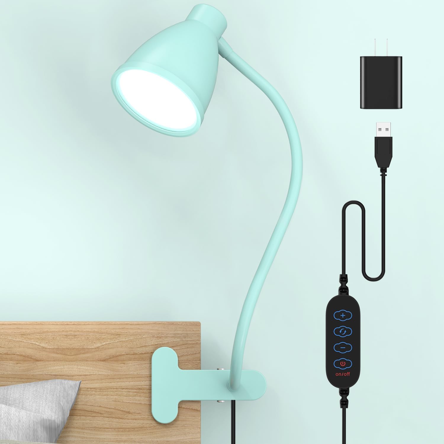 BOHON Desk Lamp 3 Color Modes 10 Brightness Dimmer Reading Light 10W 38 LED Clamp Lamp with Auto Off Timer 360° Flexible Gooseneck Clip on Light for Bed Bedside, AC Adapter Include - Grand Goldman