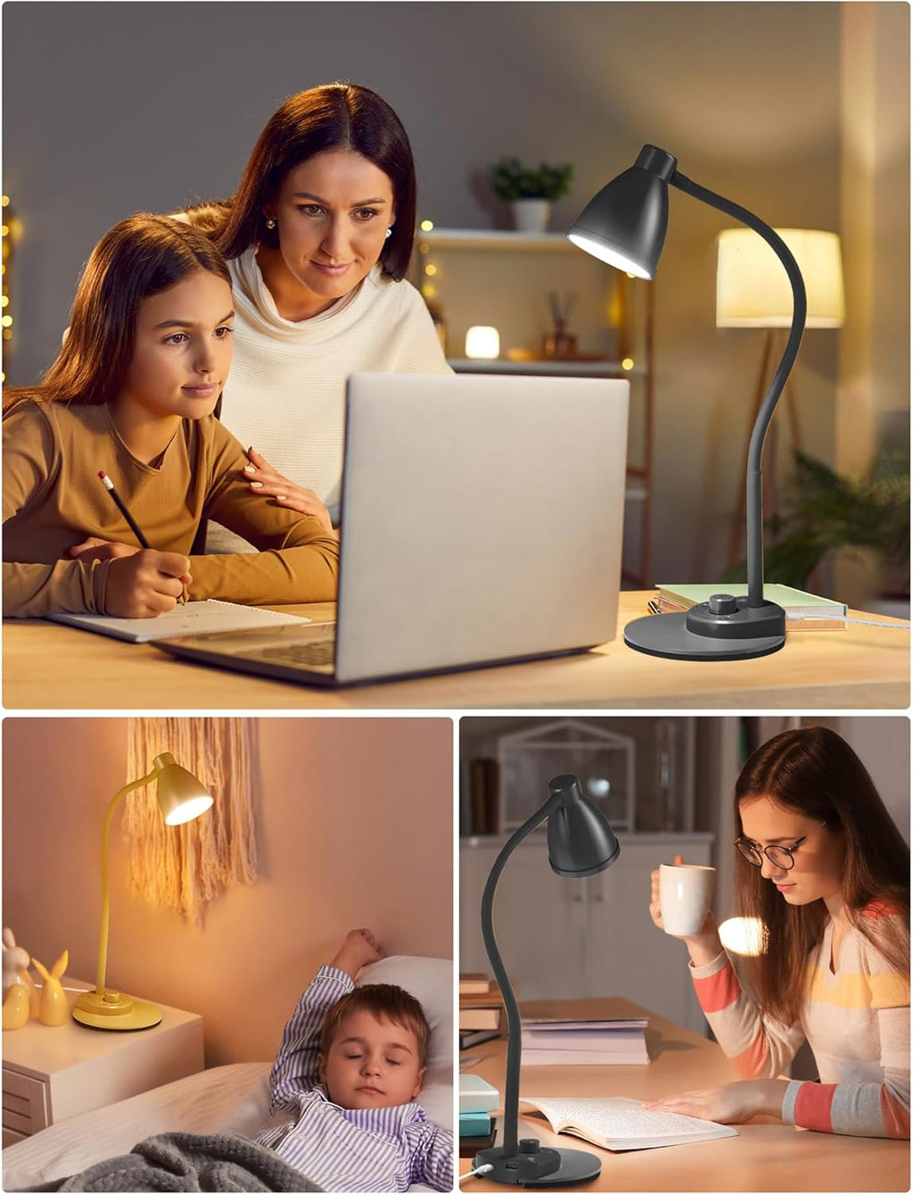 BOHON LED Desk Lamp with USB Charging Port 3 Color Modes Dimmable Reading Light Intelligent Induction Auto Dimming Task Lamp Flexible Gooseneck Table Lamp for Bedside Office, AC Adapter Include - Grand Goldman