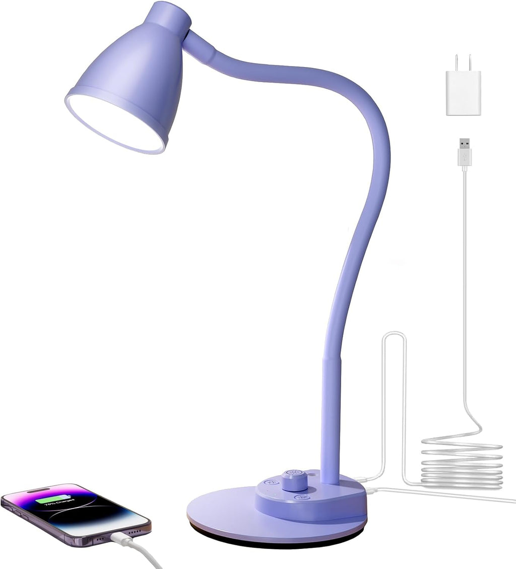 BOHON LED Desk Lamp with USB Charging Port 3 Color Modes Dimmable Reading Light Intelligent Induction Auto Dimming Task Lamp Flexible Gooseneck Table Lamp for Bedside Office, AC Adapter Include - Grand Goldman
