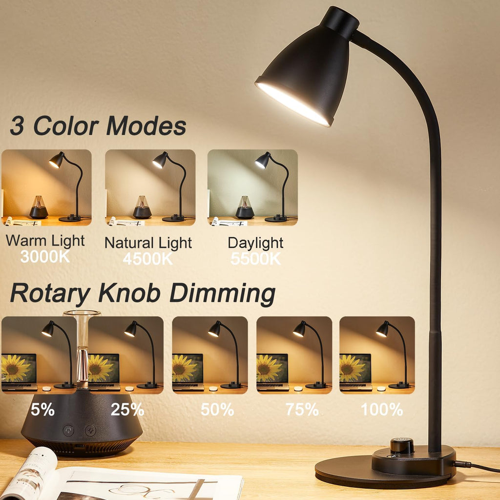 BOHON LED Desk Lamp with USB Charging Port 3 Color Modes Dimmable Reading Light Intelligent Induction Auto Dimming Task Lamp Flexible Gooseneck Table Lamp for Bedside Office, AC Adapter Include - Grand Goldman