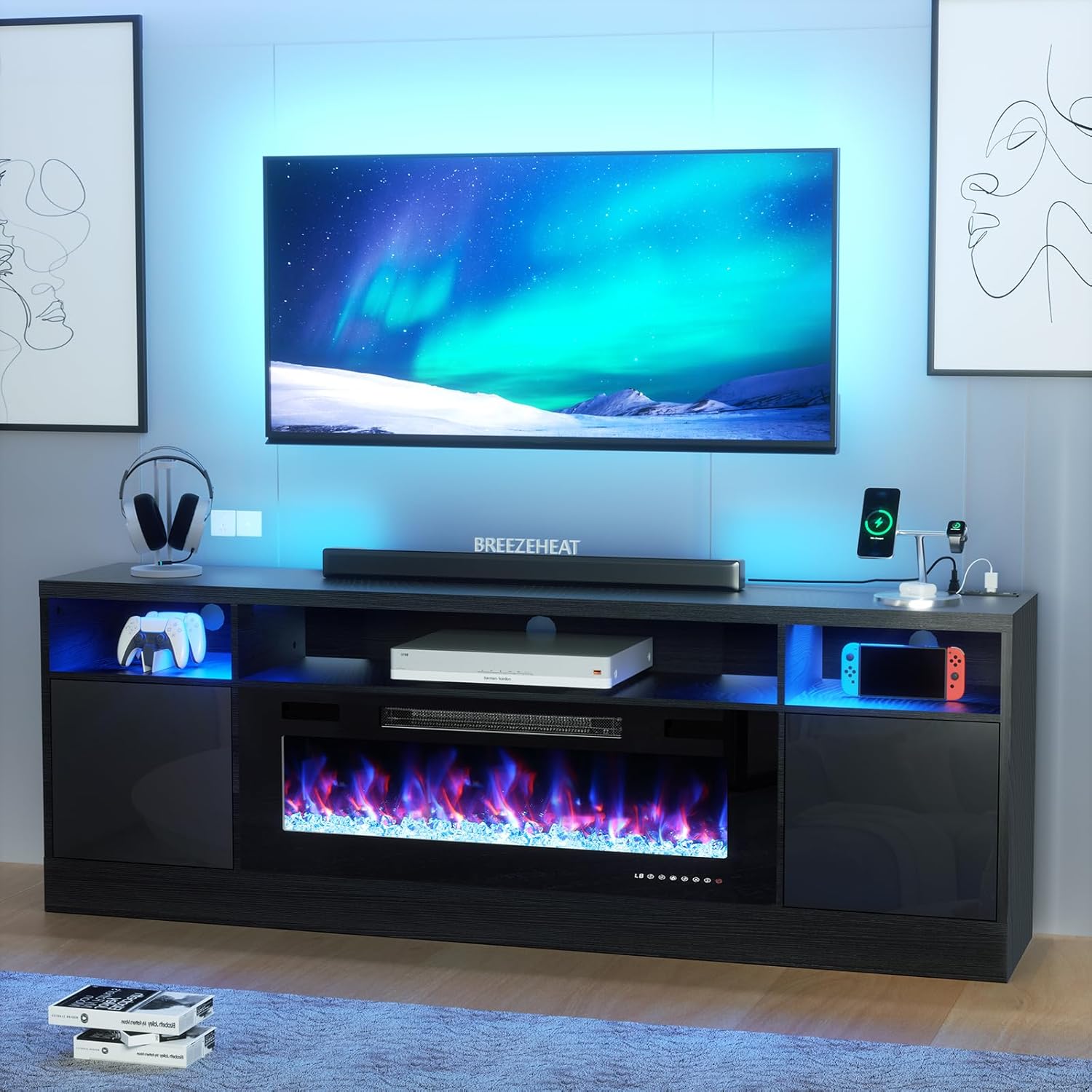 BREEZEHEAT Electric Fireplace TV Stand-Led Entertainment Center-70 inch TV Stand with 36" Electric Fireplace-Living Room Tv Cabinet with Storage for TVs Up to 80"，Modern Media Console (Black) - Grand Goldman