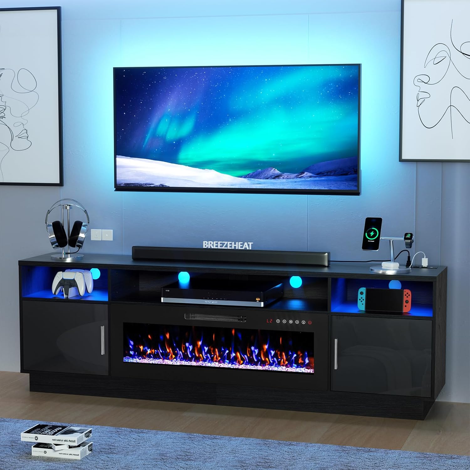 BREEZEHEAT Electric Fireplace TV Stand-Led Entertainment Center-70 inch TV Stand with 36" Electric Fireplace-Living Room Tv Cabinet with Storage for TVs Up to 80"，Modern Media Console (Black) - Grand Goldman