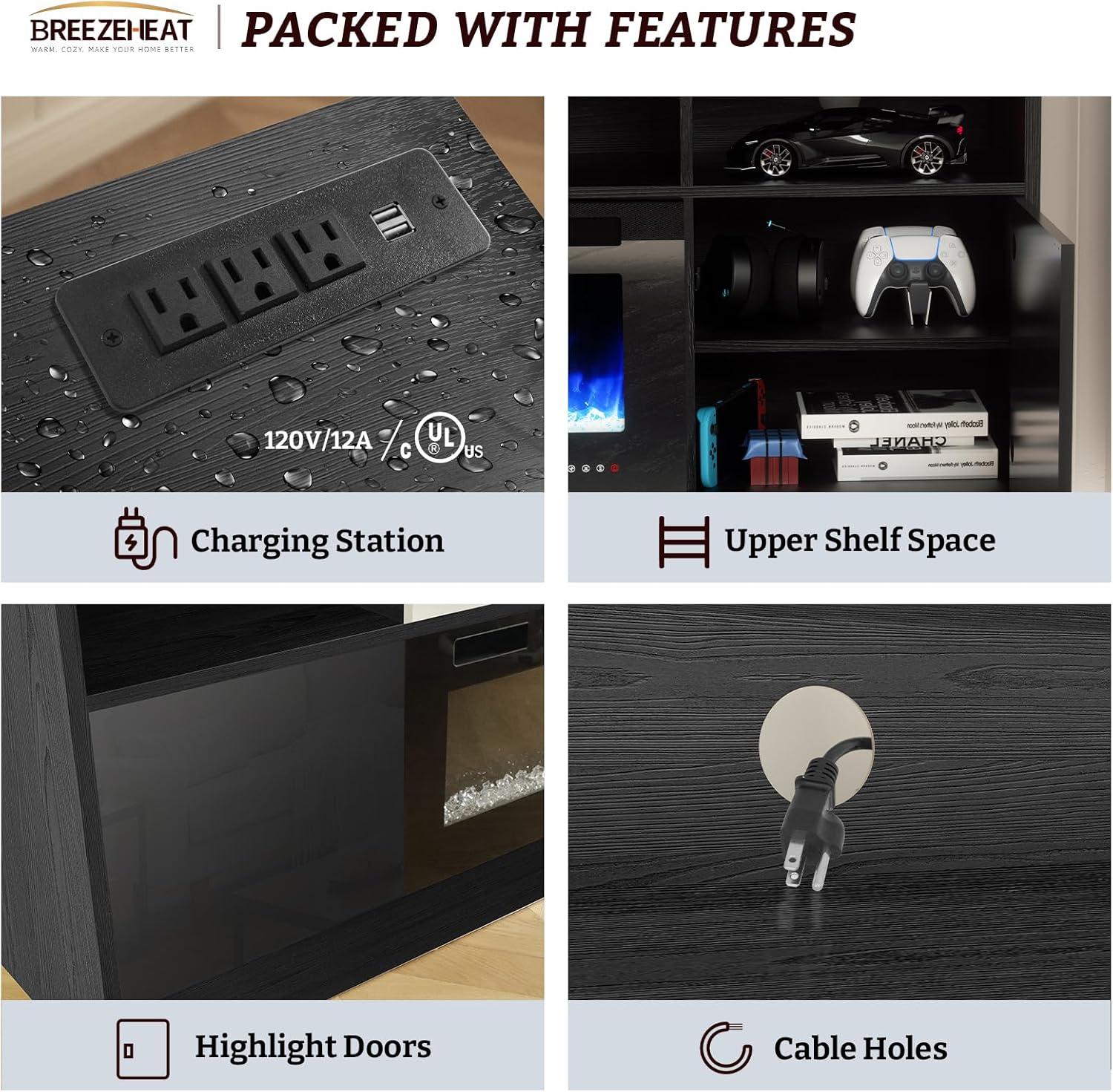 BREEZEHEAT Electric Fireplace TV Stand-Led Entertainment Center-70 inch TV Stand with 36" Electric Fireplace-Living Room Tv Cabinet with Storage for TVs Up to 80"，Modern Media Console (Black) - Grand Goldman