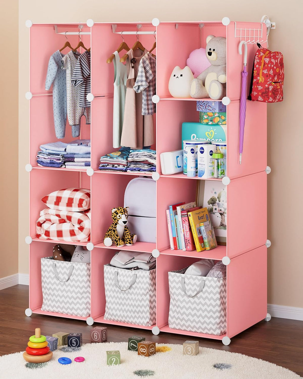 Baby Closet Organizer for Nursery: Durable Baby Wardrobe for Closet - Customizable Baby Armoire - Baby Dresser Closet Shelves - Waterproof Shelf Clothes Organizer w/Wall Fixation (Pink) - Grand Goldman