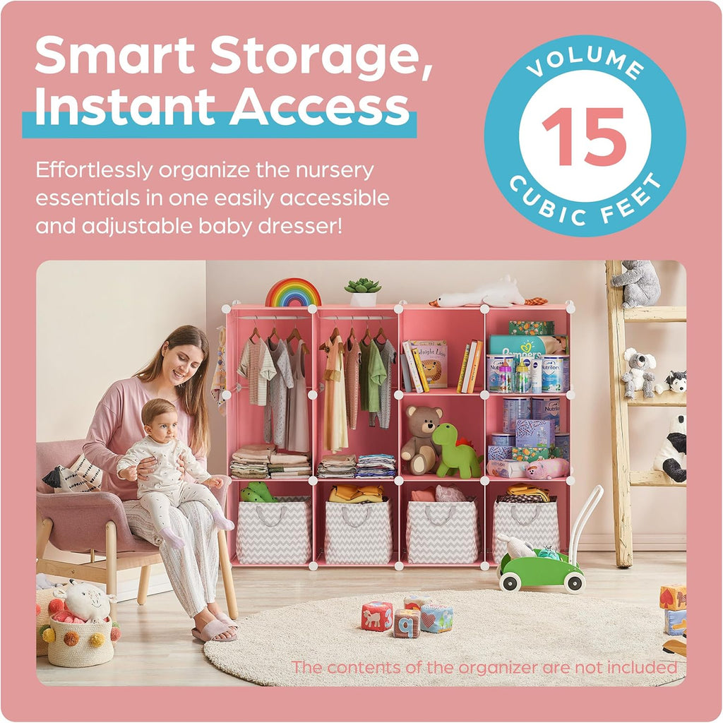 Baby Closet Organizer for Nursery: Durable Baby Wardrobe for Closet - Customizable Baby Armoire - Baby Dresser Closet Shelves - Waterproof Shelf Clothes Organizer w/Wall Fixation (Pink) - Grand Goldman