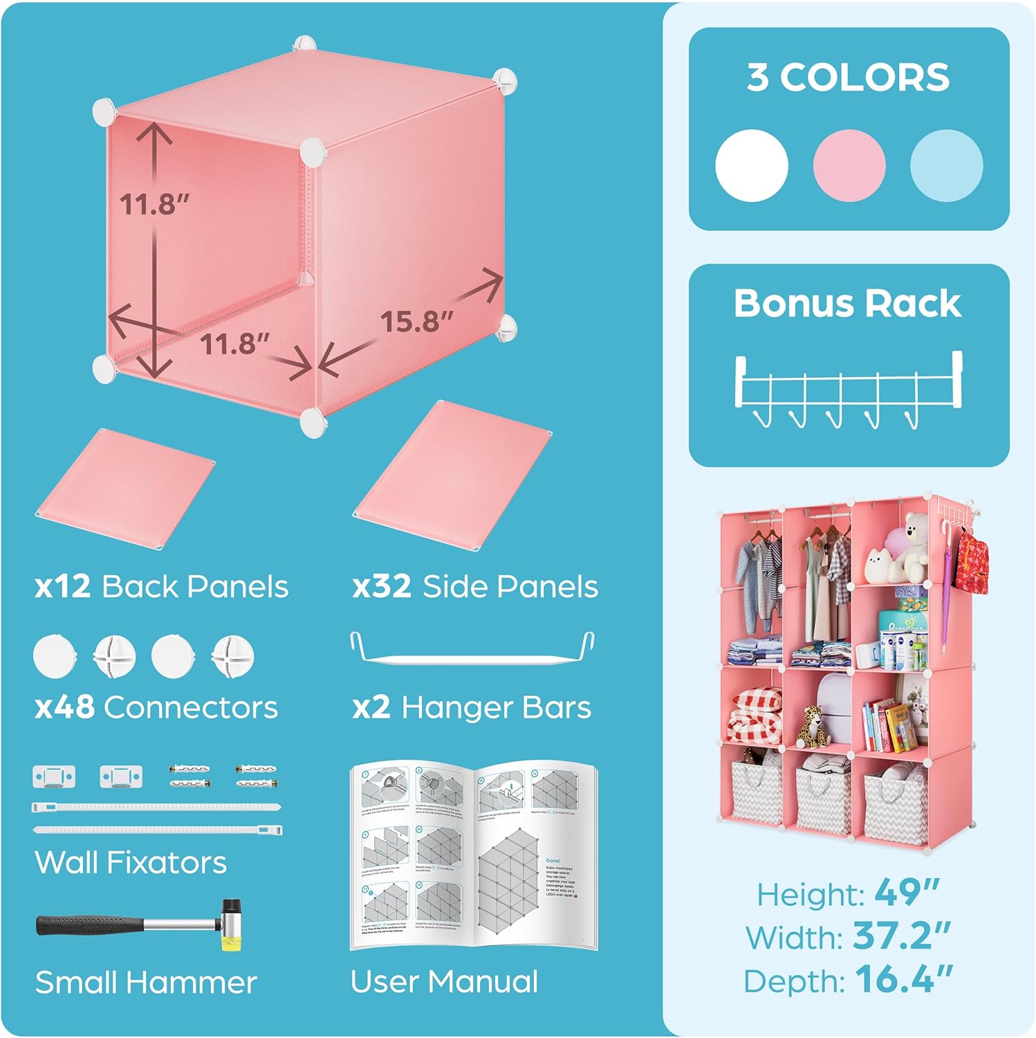 Baby Closet Organizer for Nursery: Durable Baby Wardrobe for Closet - Customizable Baby Armoire - Baby Dresser Closet Shelves - Waterproof Shelf Clothes Organizer w/Wall Fixation (Pink) - Grand Goldman